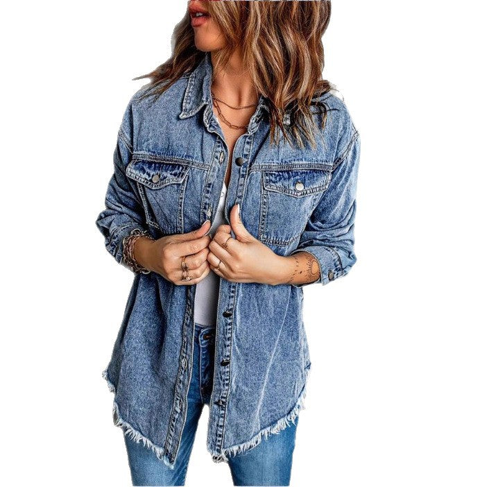 Women's Oversized Denim Jacket with Flap Pockets, Used Look and Raw Hem Amarae