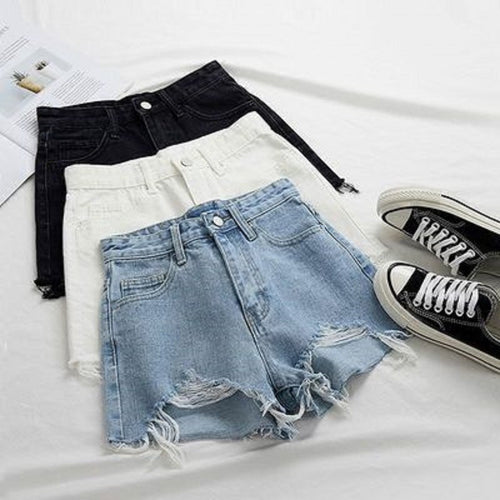 Women's Destroyed Denim Shorts with High Waist and Frayed Hem