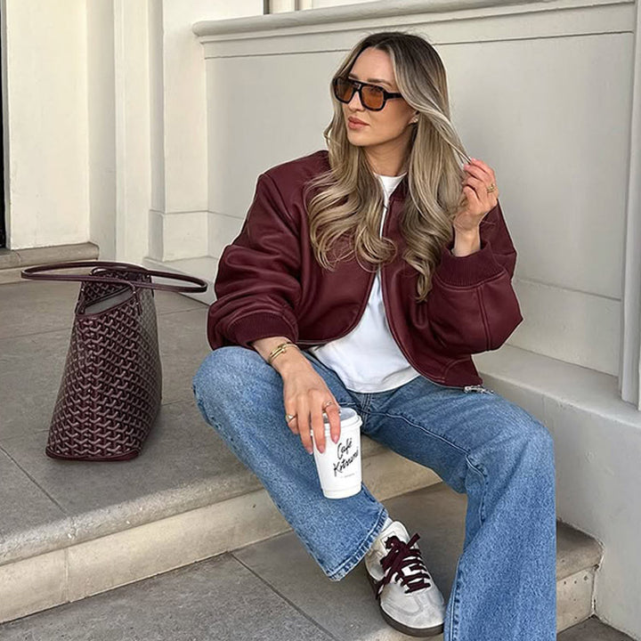 Ladies Casual Leather Jacket with Voluminous Sleeves and Zipper Lune London