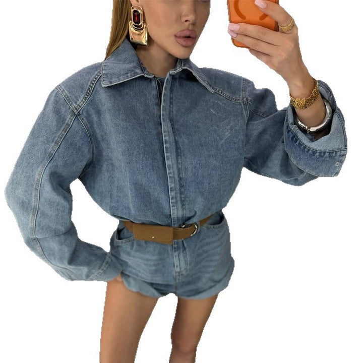 Women's Denim Shorts Overall with Boxy Shirt Top and Waist Belt Amarae