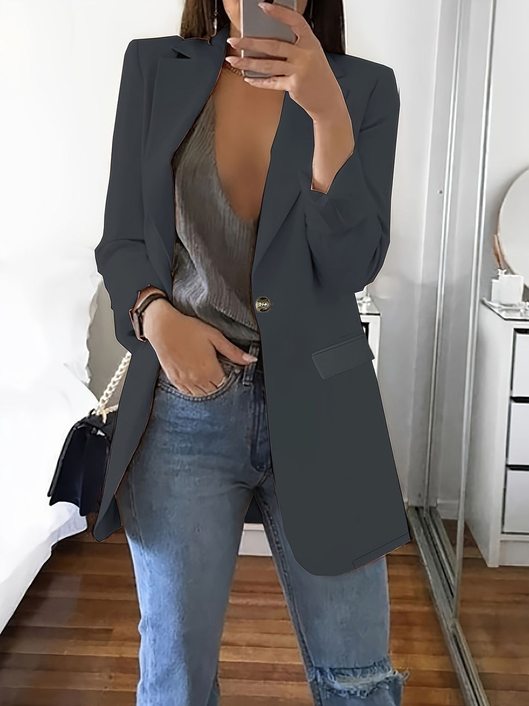 Ladies modern blazer with plunging neckline and elegant details Lune London