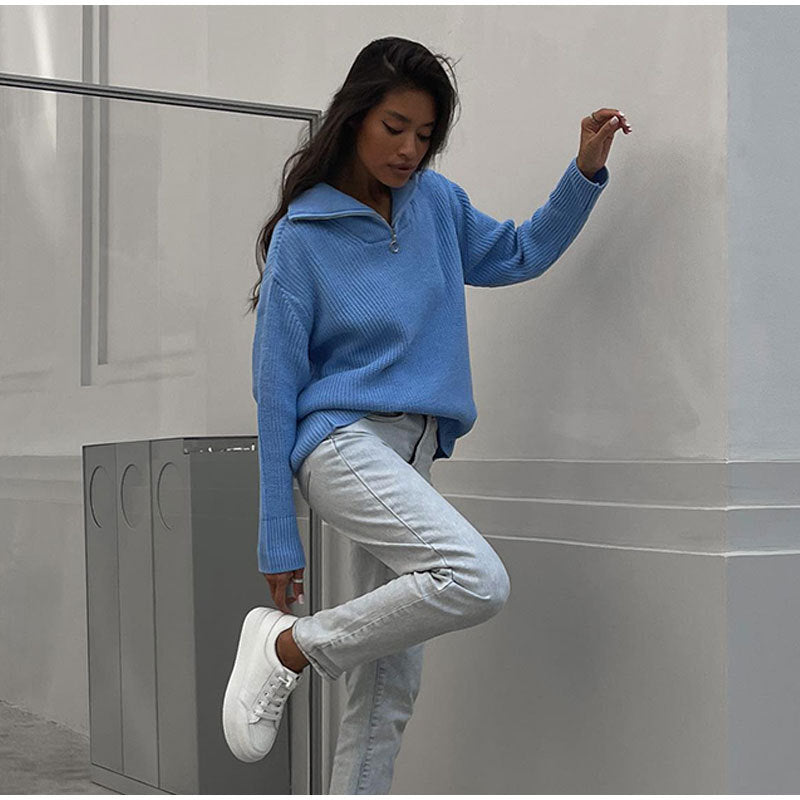 Pull en tricot oversize pour femmes avec col montant et fermeture éclair Chic & Stil