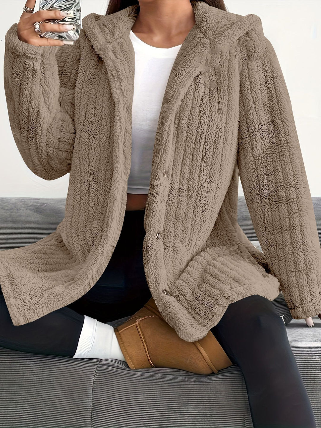 Lady long cozy jacket with long sleeves, hood, and button trim Lune London