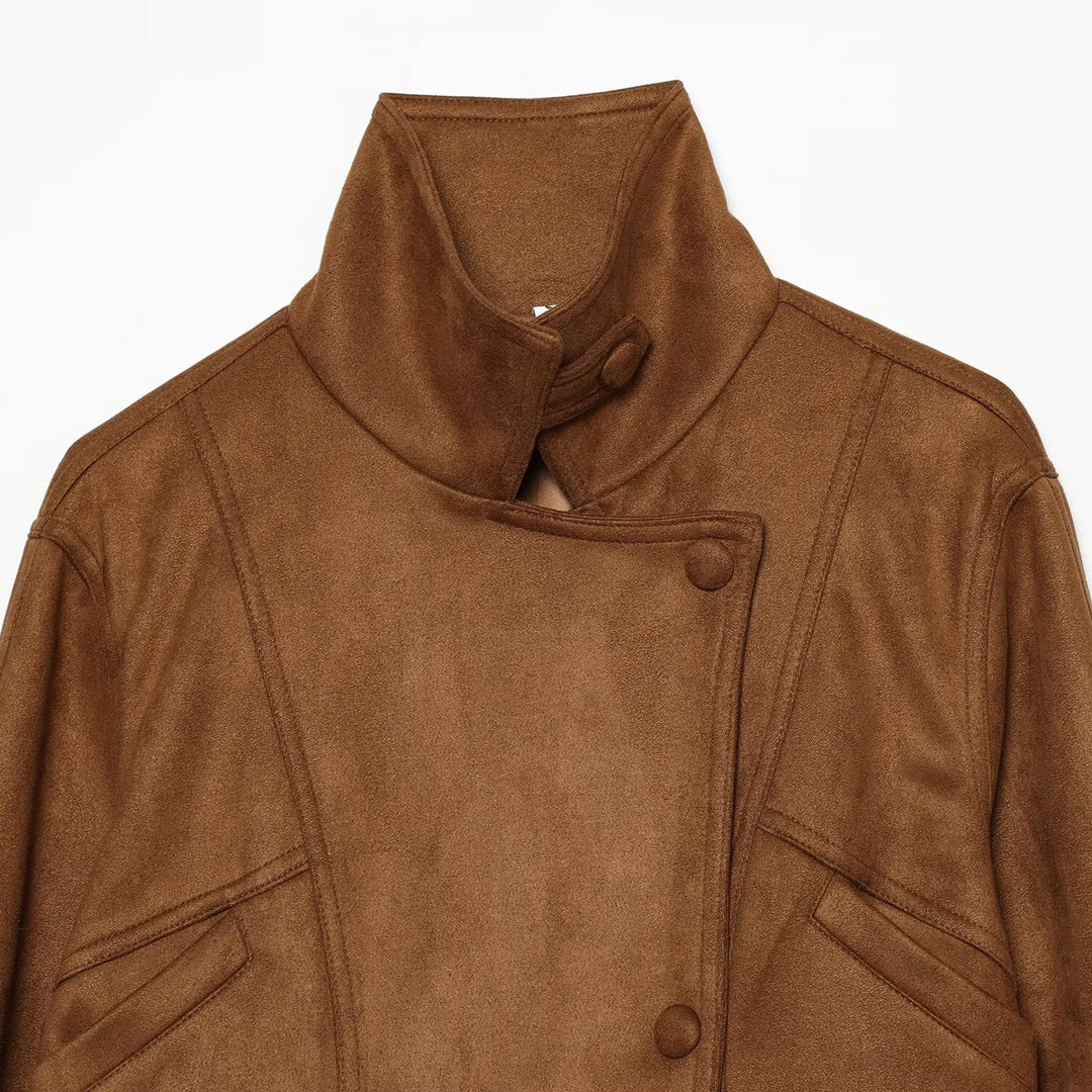Women's tailored short jacket made of soft suede imitation with asymmetrical button placket and tie belt Amarae
