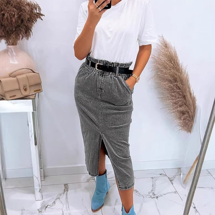 Women's High-Waisted Paperbag Denim Midi Skirt with Front Slit and Tied Belt Amarae