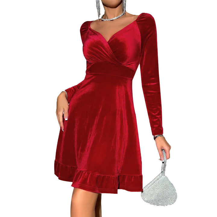 Robe Midi en Velours pour Femmes avec Élégant Décolleté en V et Détails de Volants Décontractés Chic & Stil