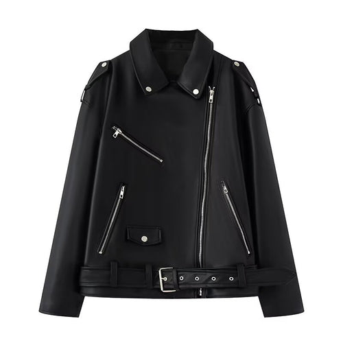 Faux leather motorcycle jacket for women with practical zip pockets and belt Amarae