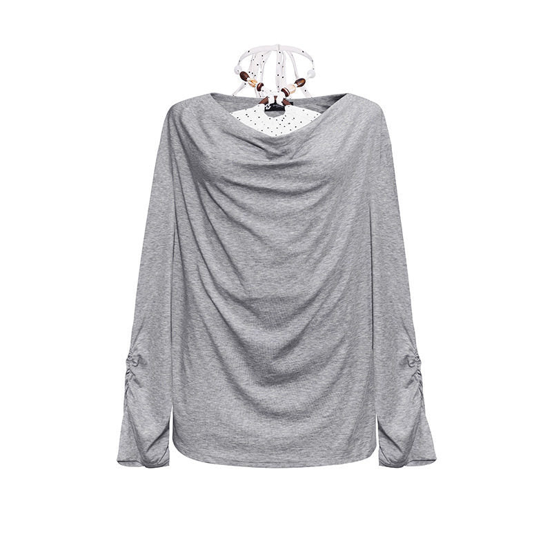 Women Long Draped Long Sleeve Shirt with Waterfall Collar and Gathered Sleeves Amarae