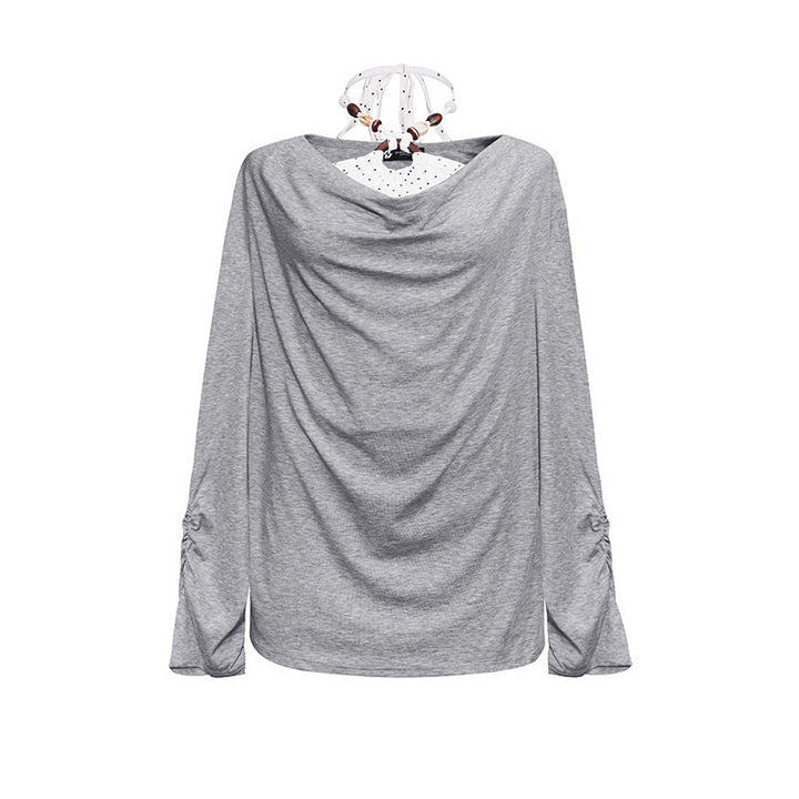 Women Long Draped Long Sleeve Shirt with Waterfall Collar and Gathered Sleeves Amarae
