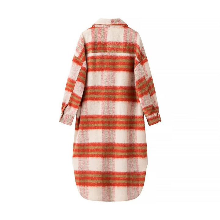 Women's checked longline faux fur overcoat with patch breast pockets Amarae