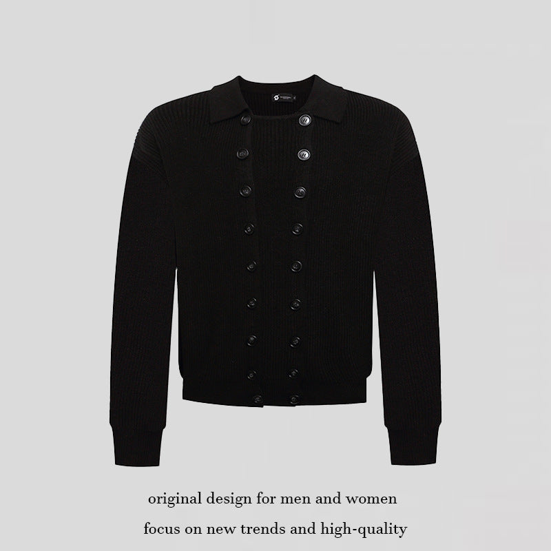 Men's Double-Breasted Knit Cardigan with Shirt Collar and Ribbed Cuffs Amarae