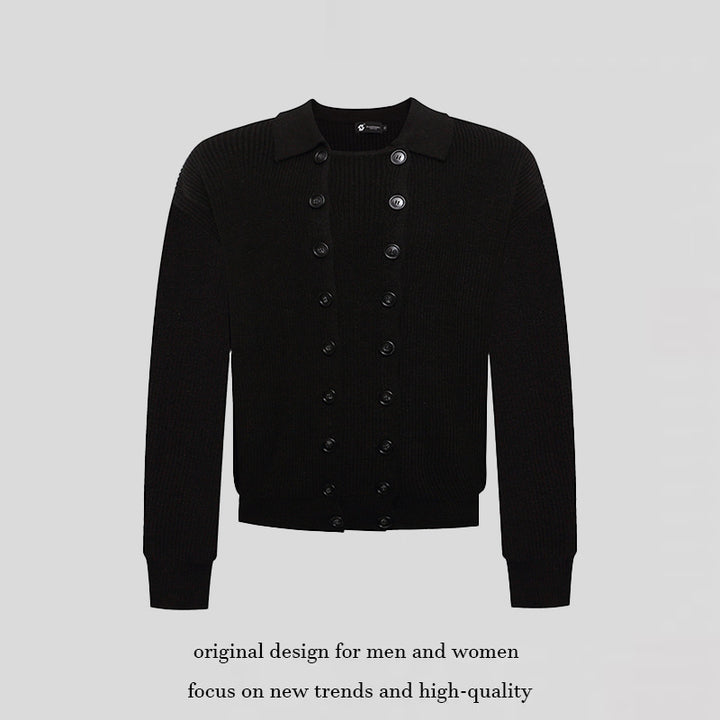 Men's Double-Breasted Knit Cardigan with Shirt Collar and Ribbed Cuffs Amarae