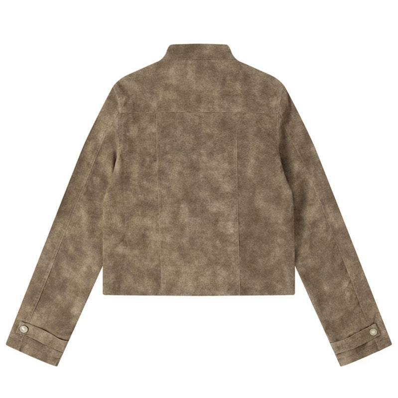 Women's short cut biker jacket in suede look with stand-up collar and chest zipper Amarae