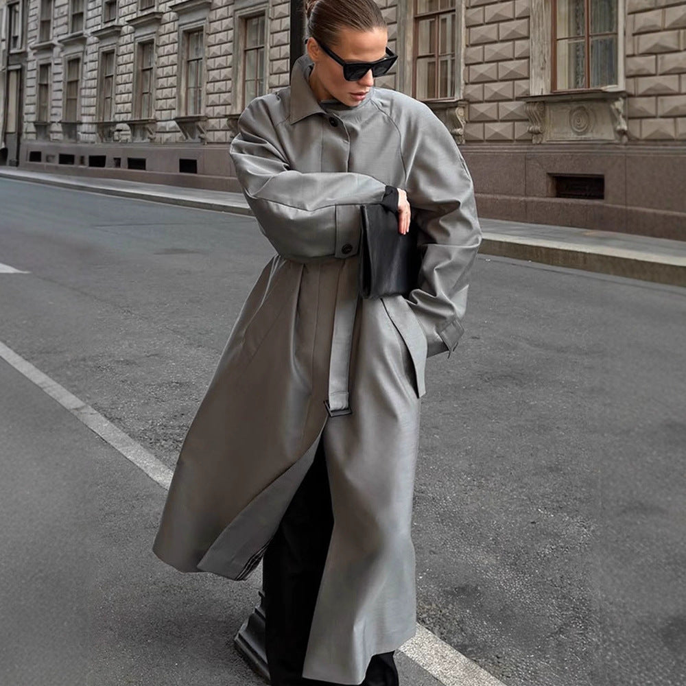 Women's Oversize Trench Coat with High Stand-Up Collar, Tie Belt and Hidden Button Placket Amarae