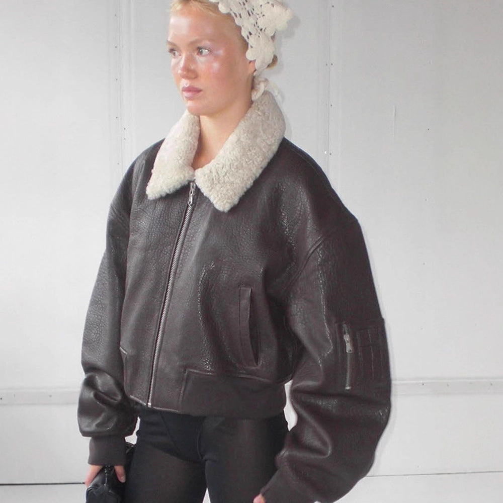 Ladies Oversized Pilot Jacket in Biker Bomber Style with Teddy Collar Amarae