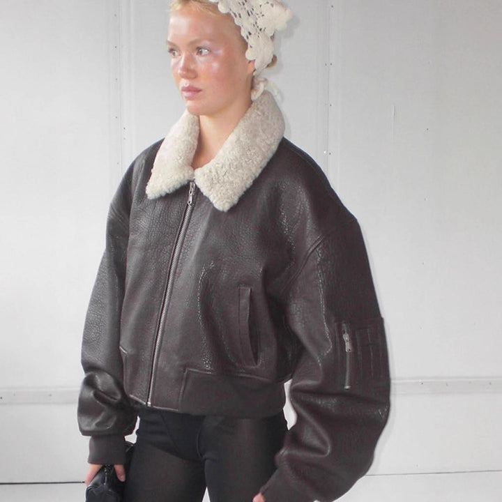 Ladies Oversized Pilot Jacket in Biker Bomber Style with Teddy Collar Amarae