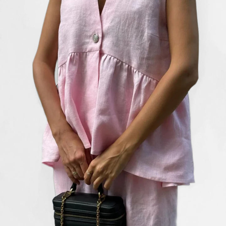 Ensemble pour femme en lin léger avec un décolleté en V profond et des jambes larges Chic & Stil