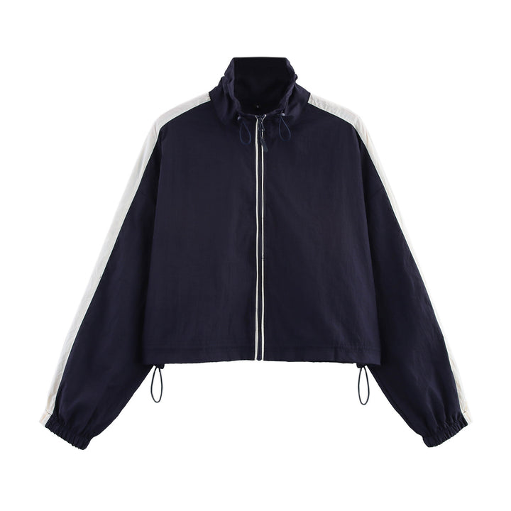 Women's Cropped Windbreaker Jacket with High Collar, Drawstring and Contrast Stripes Amarae