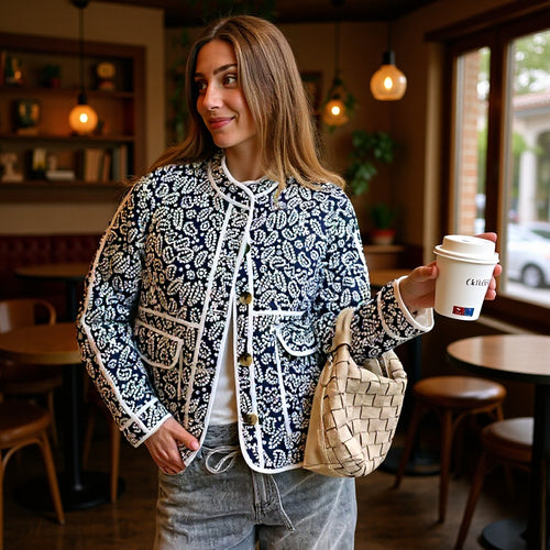 Femme veste matelassée avec motif floral, col haut et poches pratiques Chic & Stil