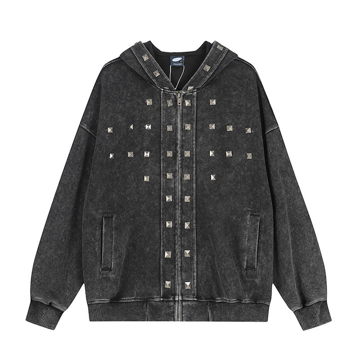 Women Oversize Zip Hoodie with Vintage Wash and Pyramid Studs Amarae