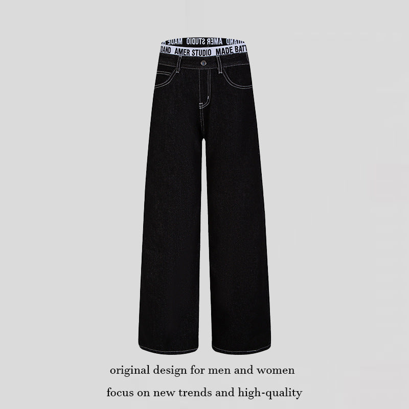 Women Wide High-Waist Denim Pants with Logo Elastic Waistband and Palazzo Silhouette Amarae