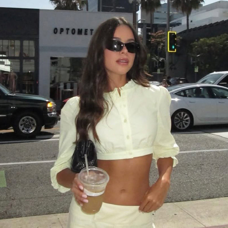 Women's cropped blouse with fine stand-up collar, gathered under the bust & 3/4 puff sleeves Amarae