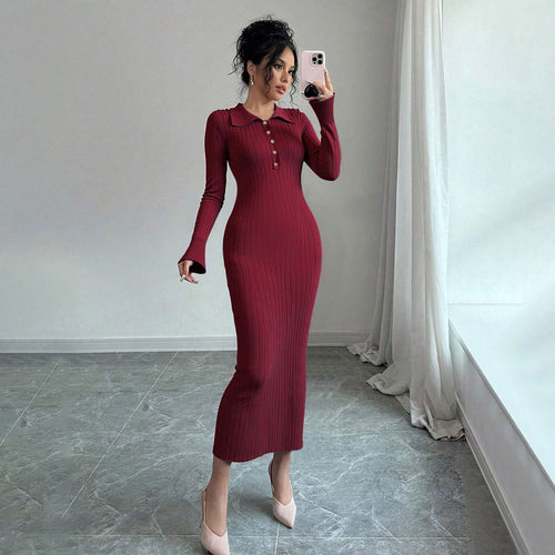 Robe à manches longues pour femmes avec design en rib près du corps et col chic Chic & Stil