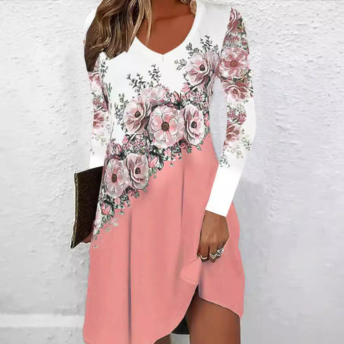 V neck dress for women with floral accents and an asymmetrical cut Amarae