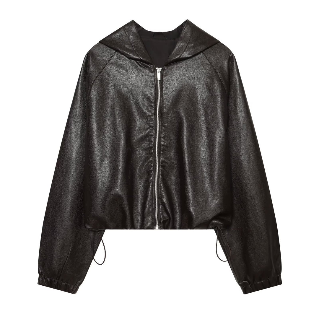 Women's Cropped Faux Leather Bomber Jacket with Hood, Drawstring and Elastic Cuffs Amarae