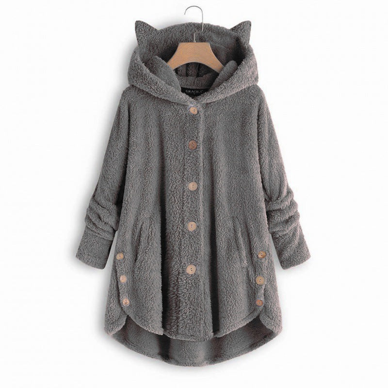 Women's Hooded Teddy Coat with Cat Ears, Button Placket and Asymmetrical Hem Amarae