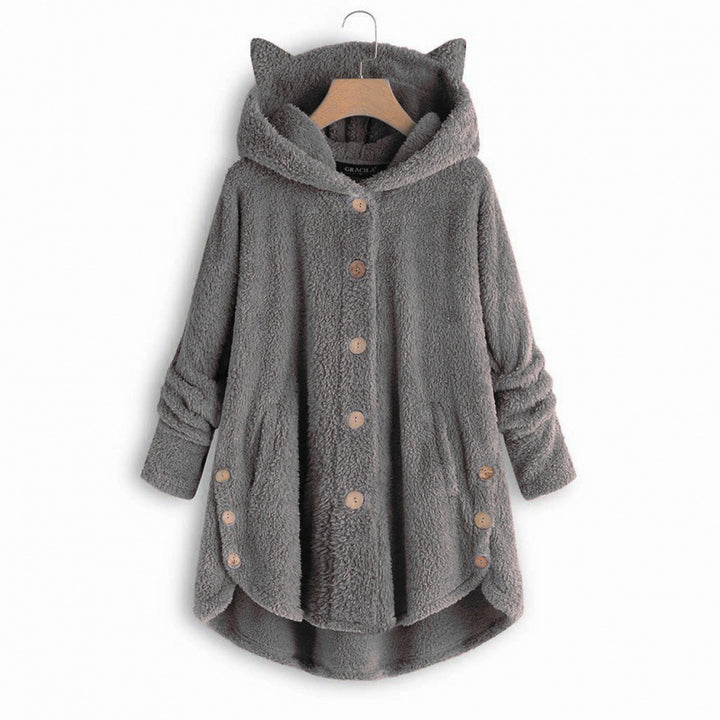 Women's Hooded Teddy Coat with Cat Ears, Button Placket and Asymmetrical Hem Amarae