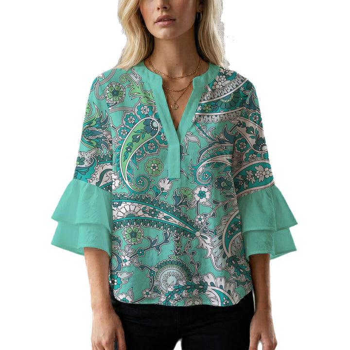 Ladies elegant blouse shirt with voluminous puff sleeves and graphic floral design Lune London