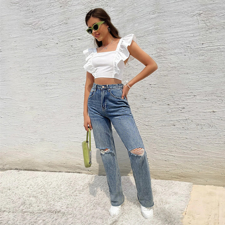 Top court pour femmes avec détails en volants et décolleté carré Chic & Stil