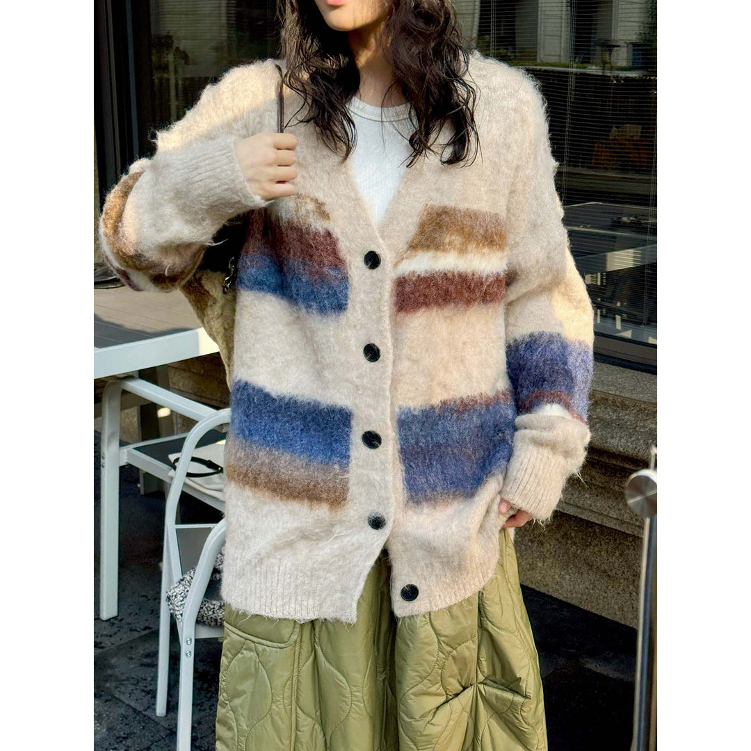 Women Cozy Mohair-Optics Checkered Button Cardigan with Oversize Silhouette Amarae