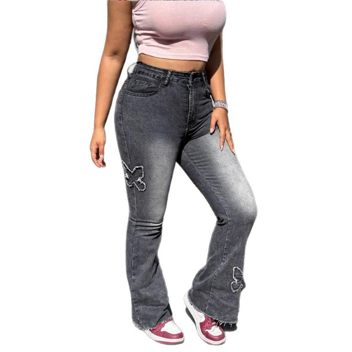 Ladies High-Waisted Flared Jeans with Butterfly Embroidery, Raw Hem and Sculpting Stretch Waistband Amarae
