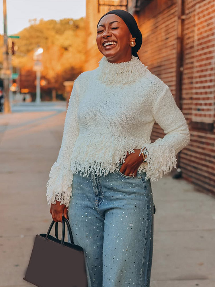 Women Short-Cut Boucle Sweater with Fringes and High Roll Neck Amarae