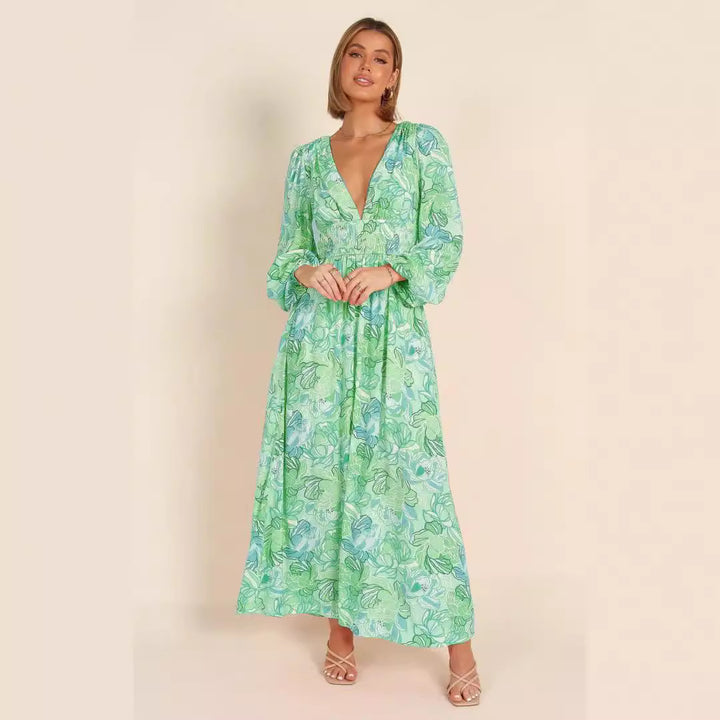 Floral print summer dress for women with deep V-neck and puff sleeves Lune London