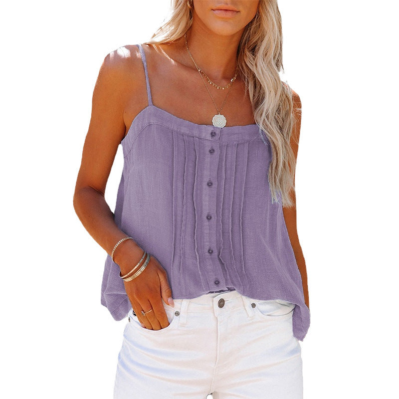Lightweight women's tank top with spaghetti straps, plaid design and button details Amarae