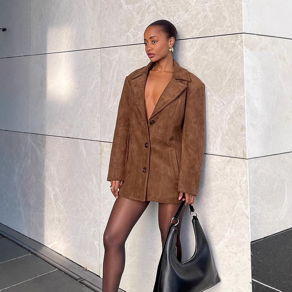 Women Short Suede Blazer Coat with Boxy Oversized Silhouette and Lapel Collar Amarae