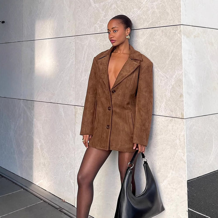Women Short Suede Blazer Coat with Boxy Oversized Silhouette and Lapel Collar Amarae