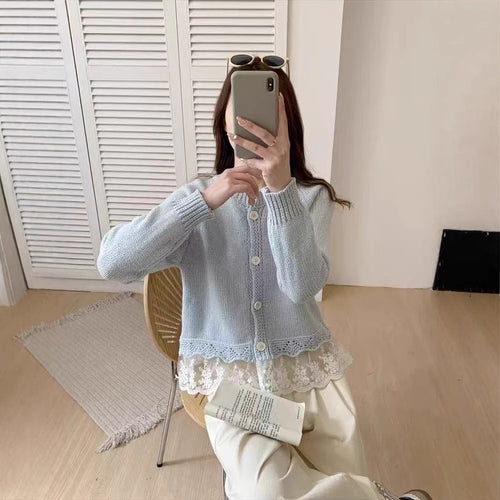 Women's knit jacket with decorative lace lining and button details Amarae