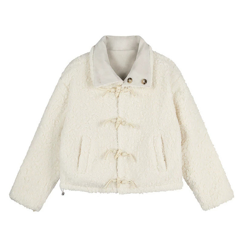 Women Short-Cut Lambskin-Look Bomber Jacket with Teddy Lining and Notched Collar Amarae