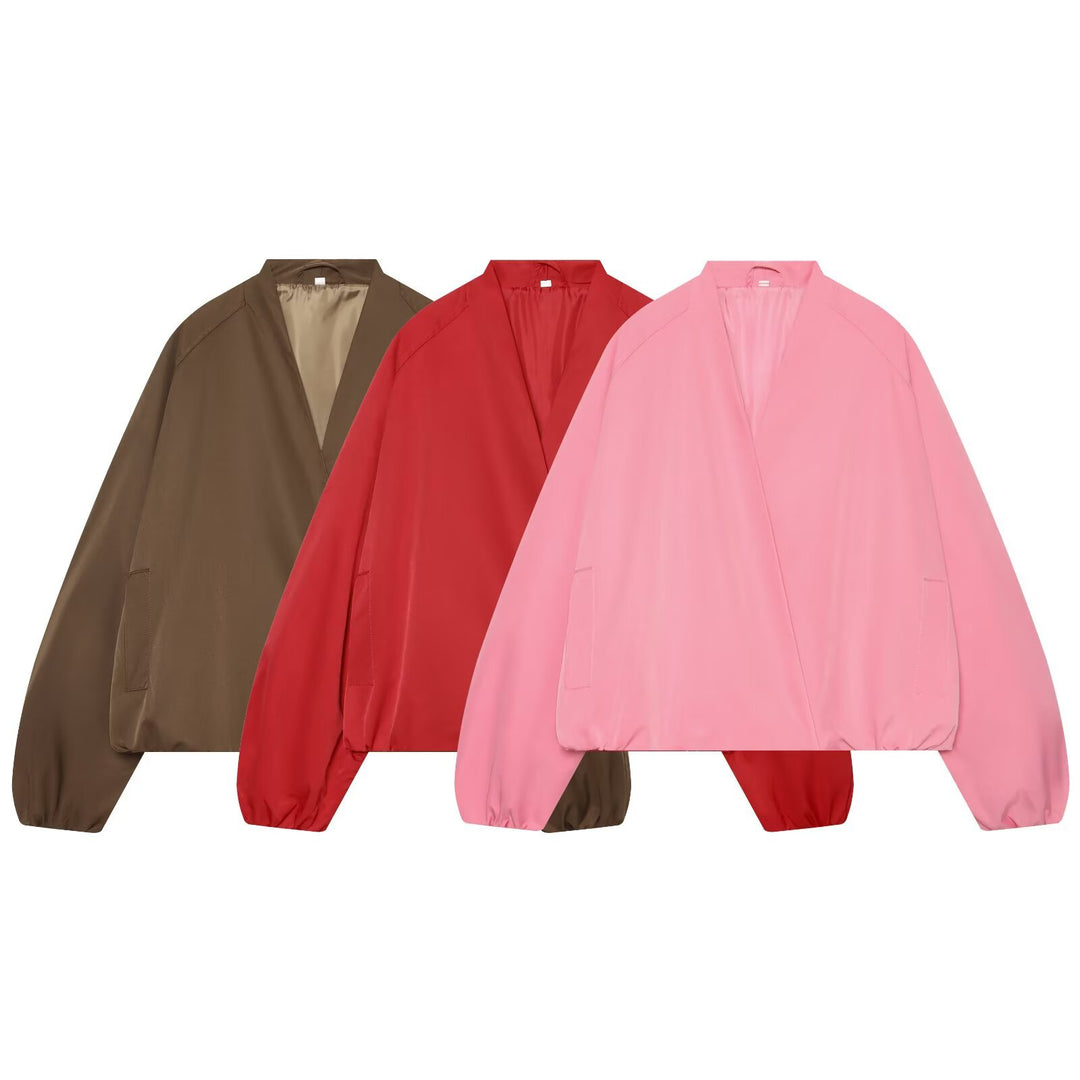 Ladies Lightweight Cropped Bomber Jacket in Oversized Look with Open Shawl Collar Amarae