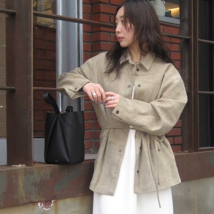 Ladies Oversized Suede-Look Utility Jacket with Drawstring Waist