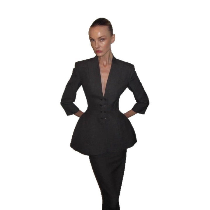 Women Tailored Peplum Blazer with Emphasized Waist and Deep V-Neck Amarae