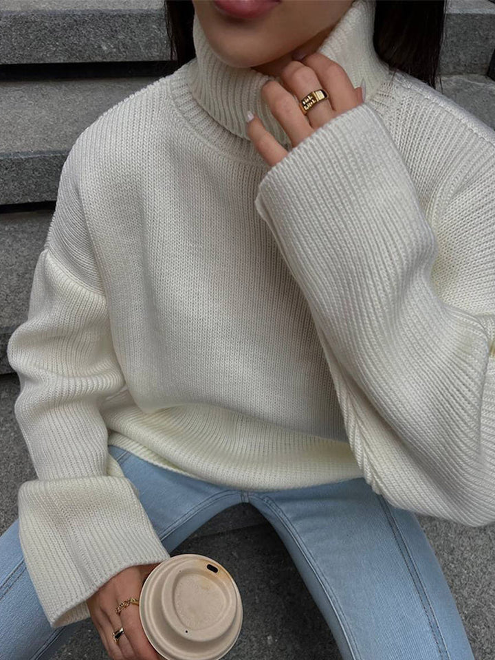 Women Oversized Ribbed Knit Turtleneck Sweater with Extended Cuff Amarae