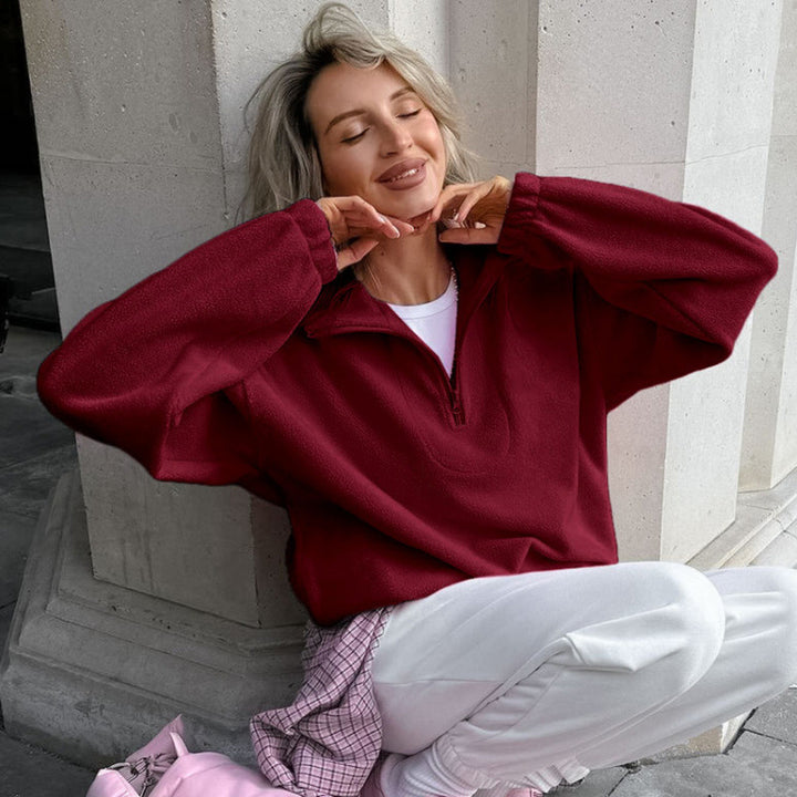 Women’s Oversized Fleece Pullover with Half Zipper and Stand-Up Collar Amarae