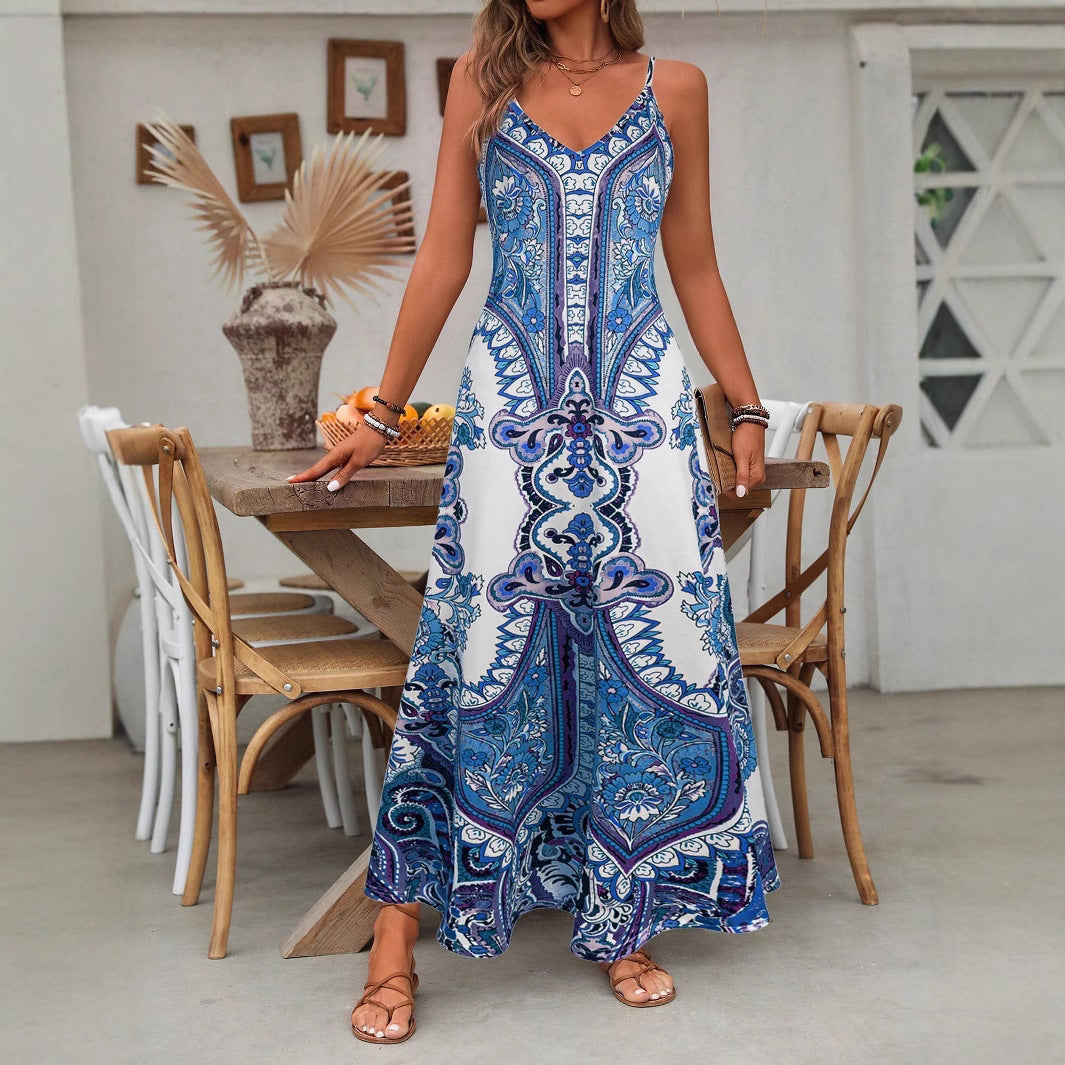Ladies Elegant Long Max Dress with Delicate Pattern and Spaghetti Straps Lune London