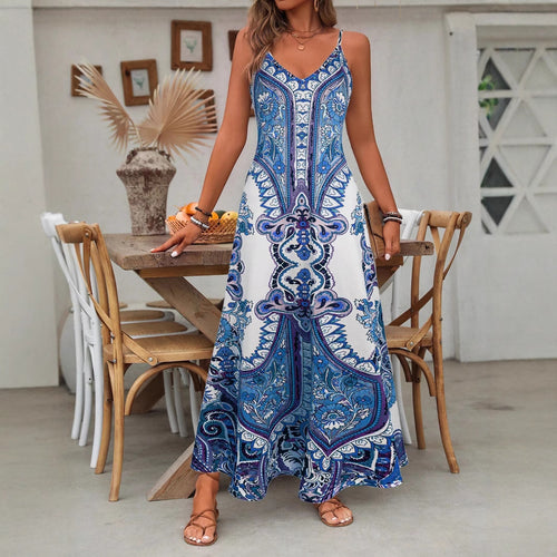 Ladies Elegant Long Max Dress with Delicate Pattern and Spaghetti Straps Amarae