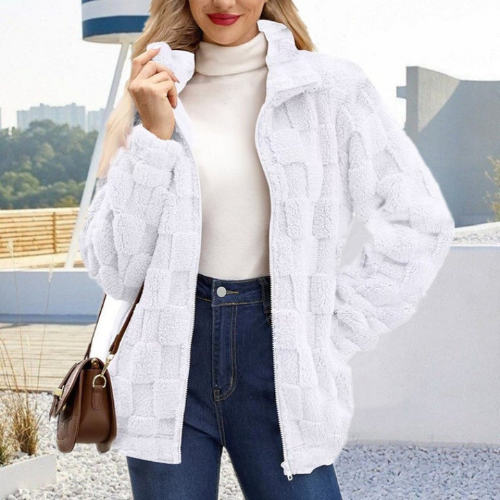 Women's teddy jacket with check structure, stand-up collar and zipper Amarae